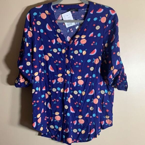 Mandee Dark Blue Fruit Themed Top NWT - Picture 1 of 6